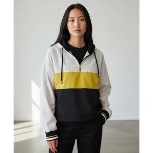 Zara Women's Black and Cream 3/4 Zip Up Pullover Top with Hood size M